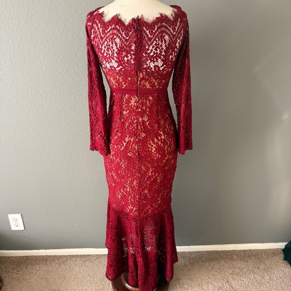 L'atiste By Amy Lace Party Dress Sz S Hi Low Hem Long Sleeve Dark Red Mermaid - Picture 4 of 9